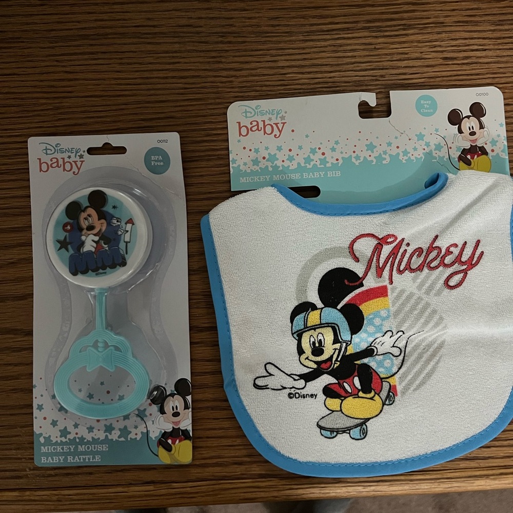NEW Disney baby blue/white Mickey Mouse bib and bpa free rattle